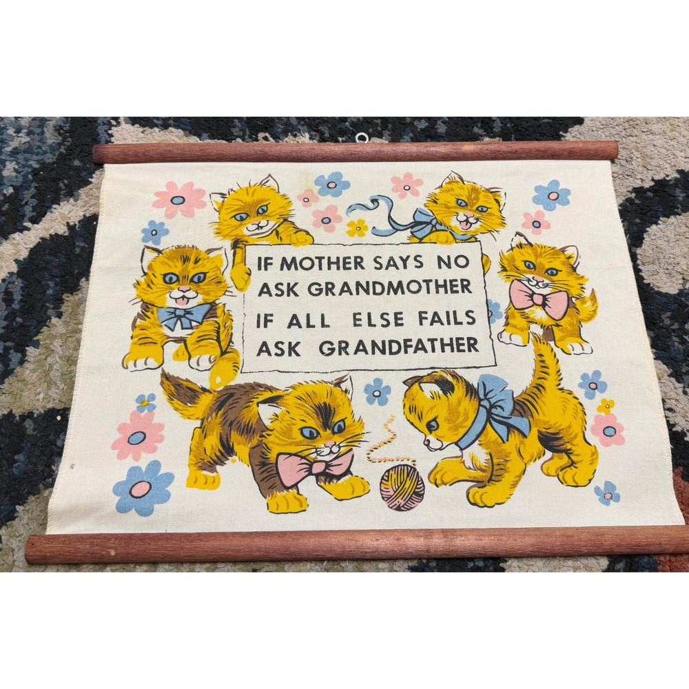 Vintage 1977 JSNY Kitten Wall Hanging Fabric Scroll Grandmother Grandfather Art
